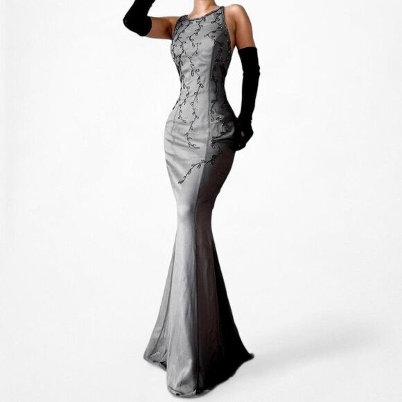 Vintage Gray Floral Beaded Silk Fit Flared Maxi Formal Prom Dress Size M - Picture 2 of 8